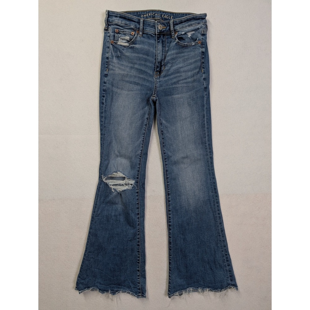 American Eagle Womens Jeans 2 Short Super Hi Rise Flare Raw Hem Distressed Blue